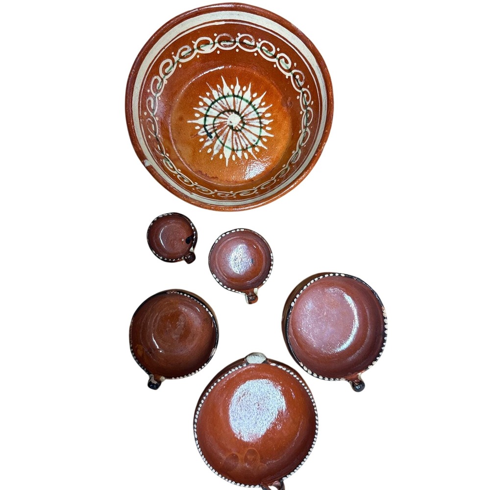 Vintage Mexican Folk Art Terracotta Pottery Set Hand Painted Red Clay 6 Piece